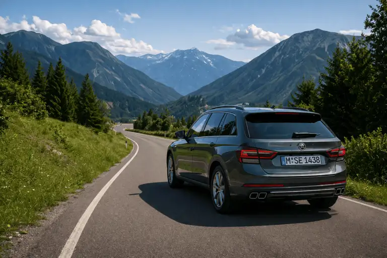 Alpiner Straßenzug mit SUV
